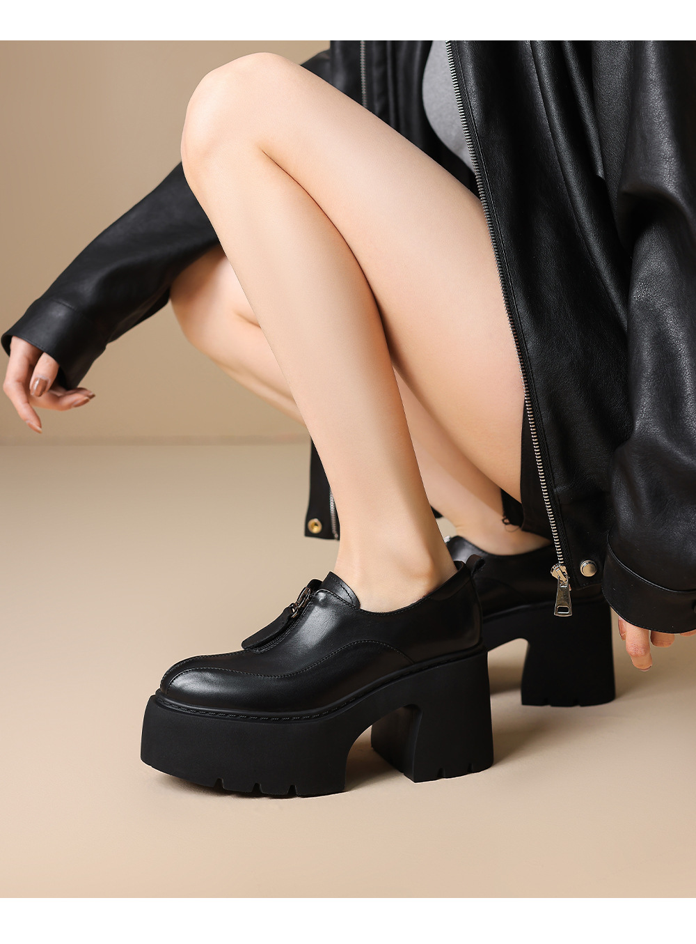 Giày loafer nữ đế xuồng da thật gót vuông phong cách Anh quốc — màu nâu chi tiết 9