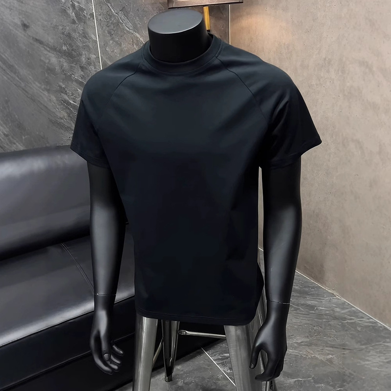 Pure Black Right Shoulder Solona T-Shirt Men's Summer Cotton Short-Sleeved Inner Elastic Heavy American Fitness Half-Sleeve