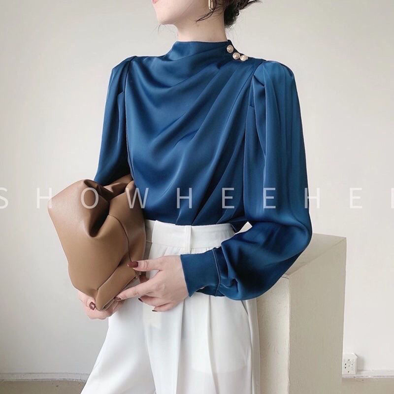 シャツレディースデザインニッチレトロ香港スタイルシャツサテンアセテートプロフェッショナルスタイルファッショナブルなスタンドカラートップ秋|undefined