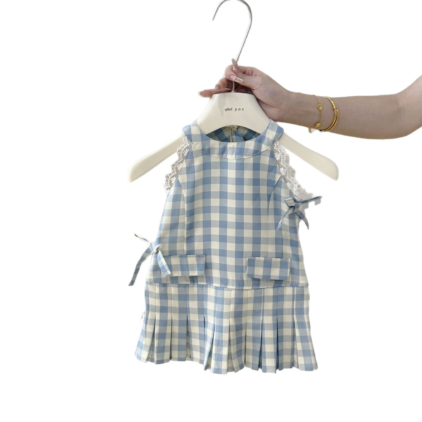 Xianning Seven Girls Verano Azul Heavy Industries Bordado Falda Moda para bebés Estilo occidental Falda de chaleco con cuello de muñeca para niños