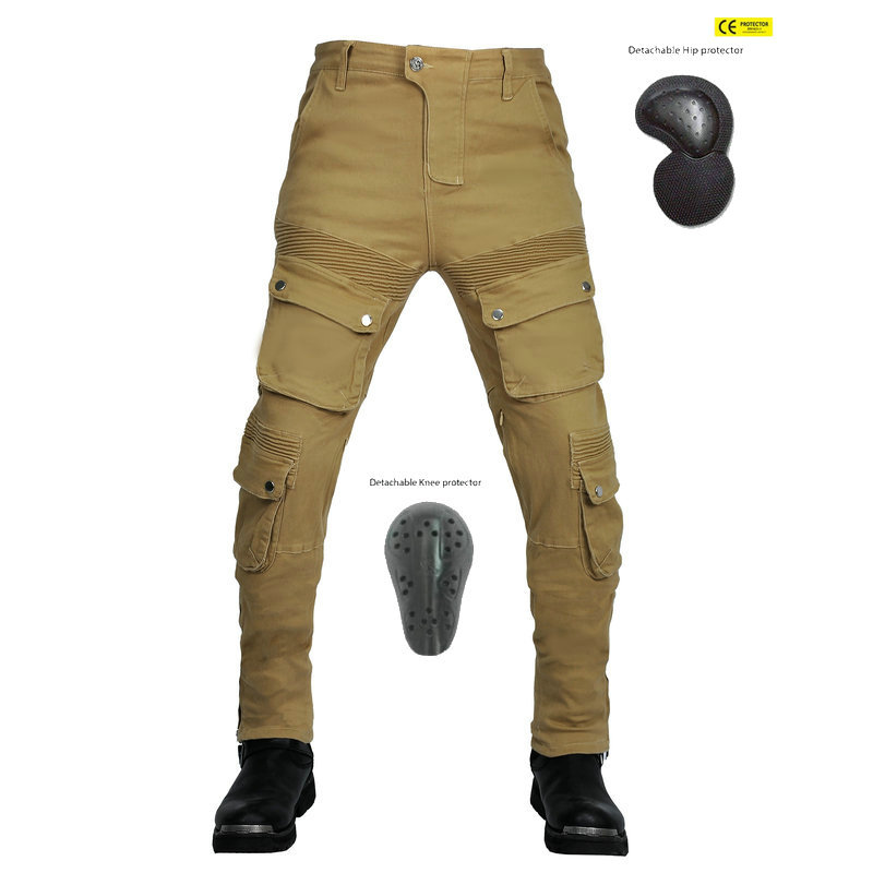 Pantalones de montar en motocicleta de los hombres de cuatro estaciones retro casual motocicleta pantalones multi-bolsa overoles fuera de la carretera de cercanías pantalones anti-caída