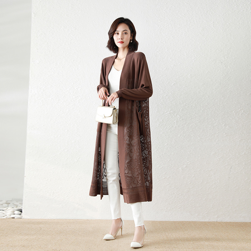 2025 Spring and Autumn New Style Open Cardigan Chinese Retro Style Hollow Long Coat Women's Knitwear Sweater
