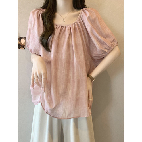Pink Peter Pan Collar Loose Sweet Women's Summer Plus Size Fat-Slimming Stomach Covering Baby Shirt Unique Top