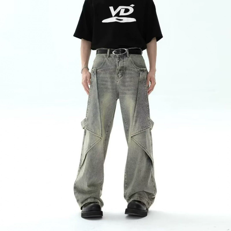 Американские высокие улицы ретро-вариабельные брюки в форме микро-рога джинсы мужские высокие талии свободные, длинные брюки с широкими ногами