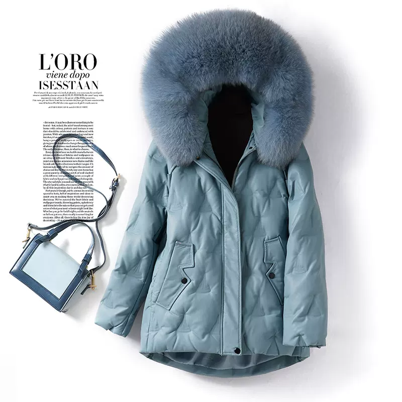 羽绒服女常规款连帽狐狸毛领宽松绵羊皮衣2024新款海宁白鸭绒真皮