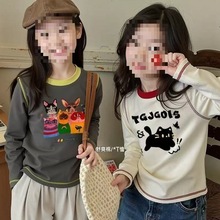 网红恤打底儿童女童长袖上衣洋气卡通撞色宝宝春秋棉新款