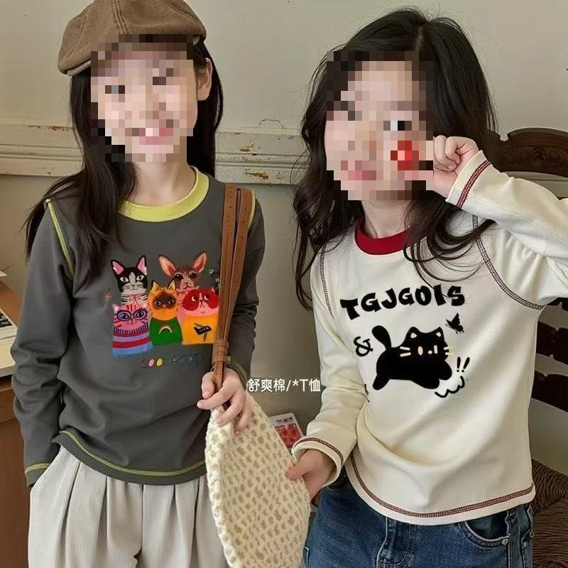 网红恤打底儿童女童长袖上衣洋气卡通撞色宝宝春秋棉新款