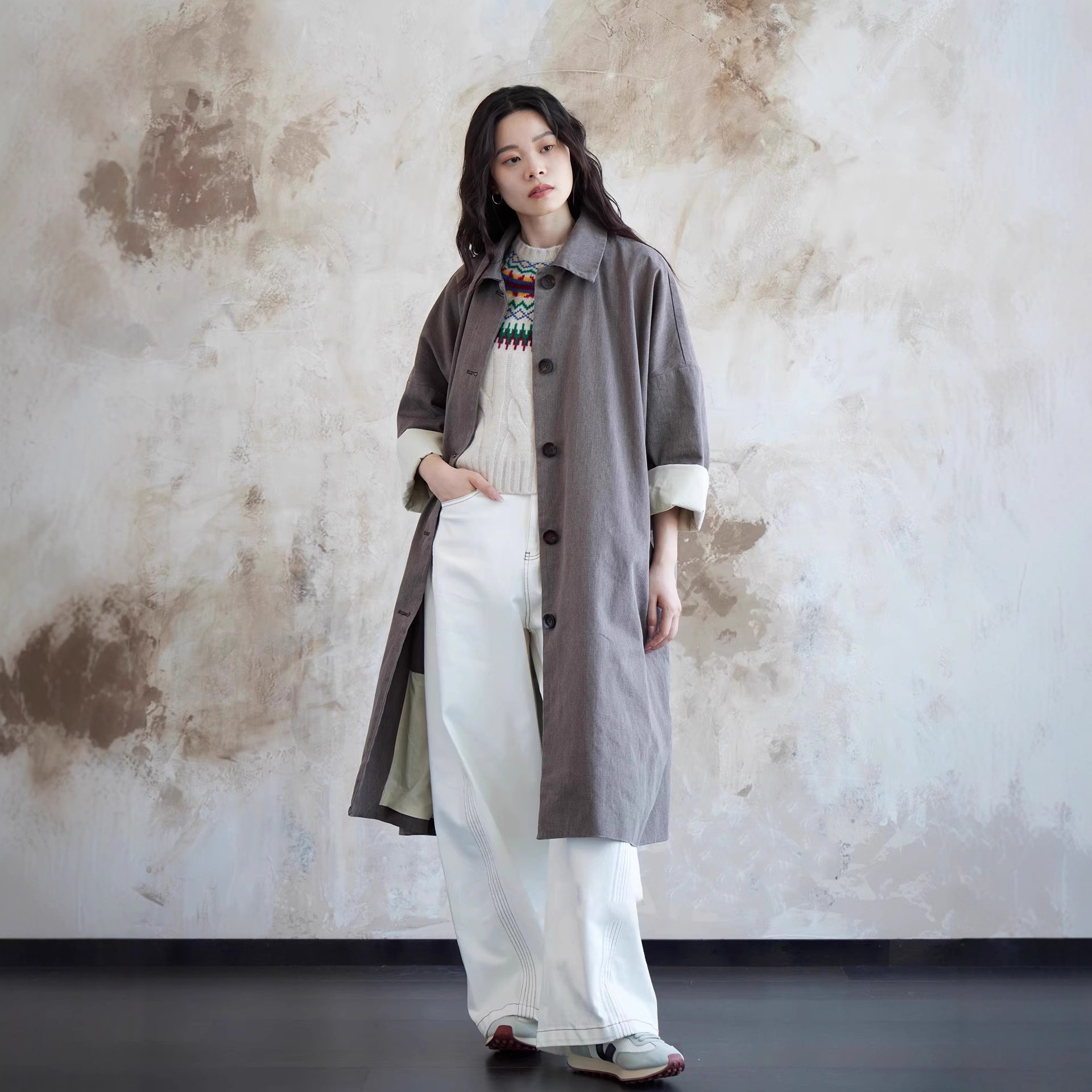 Japanese-Style Full Relaxation! High-Quality High-Density Pure Cotton Loose Lapel Cocoon-Shaped Mid-Length Trench Coat for Women in Autumn