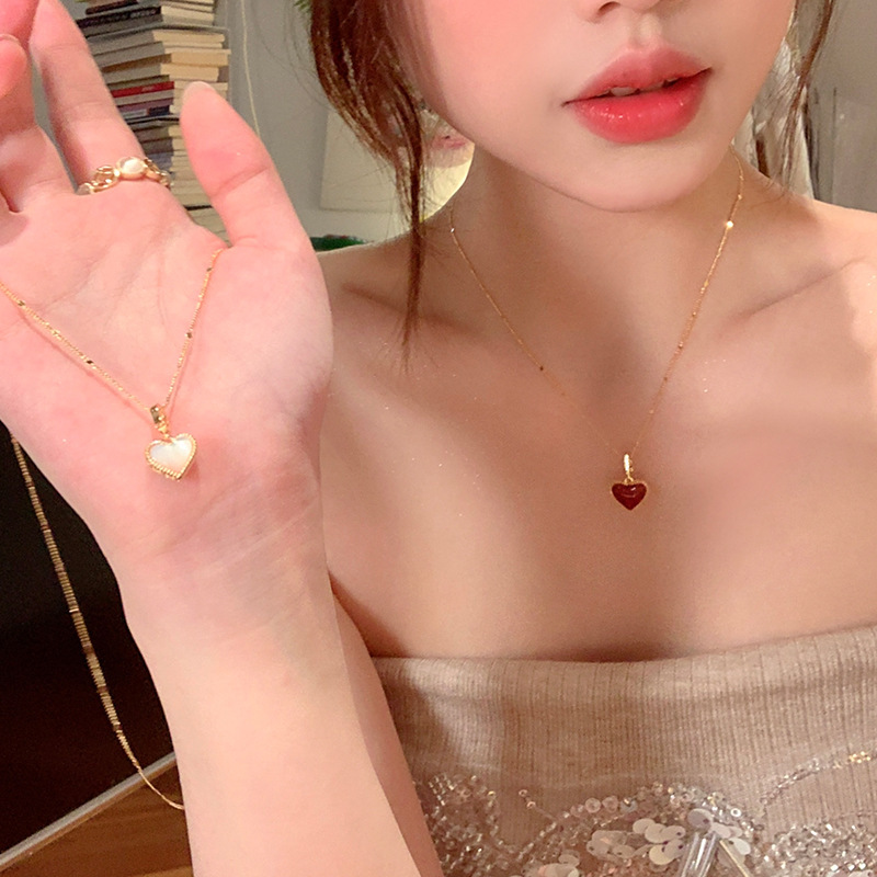 双面贝母红色爱心吊坠项链女气质轻奢精致高级感可拆卸爱心锁骨链|undefined