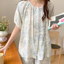 韩国ins女士睡衣女春夏新款韩系油画风休闲舒适柔软套装家居服潮