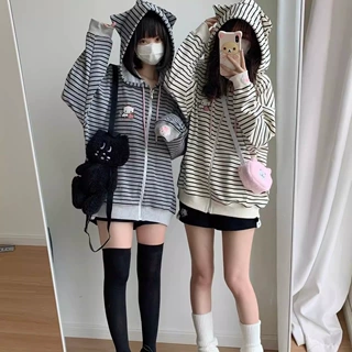 小猫拉链条纹开衫软妹猫耳朵日系刺绣连帽卫衣女外套秋冬新款上衣