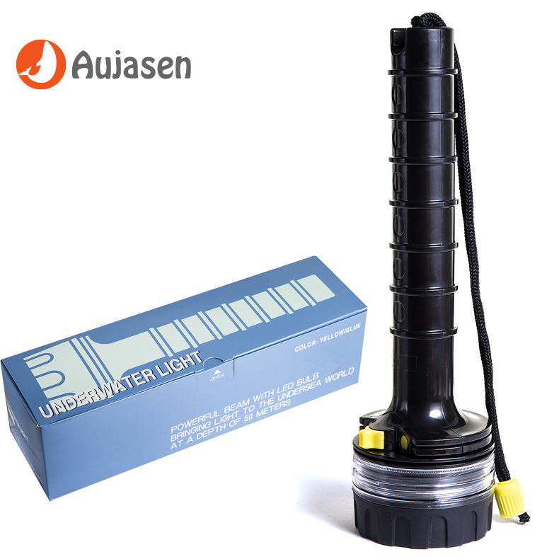 Aojia Sheng Fabricante directo de linternas impermeables para buceo profundo. Luz LED de alta intensidad y largo alcance para salvamento.