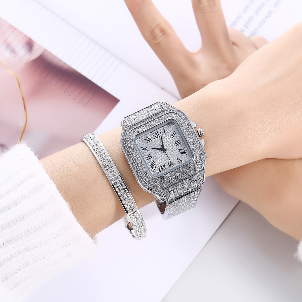 Casual trend personality square large dial full diamond steel belt quartz watch + bracelet (2pcs/set)_voghion.com