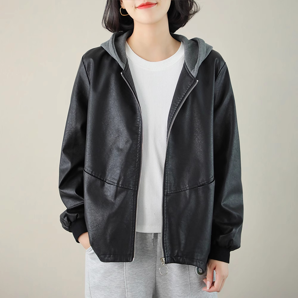 Black leather coat women's hooded artistic versatile loose slimming plus size casual elegant simple Korean style coat 80073