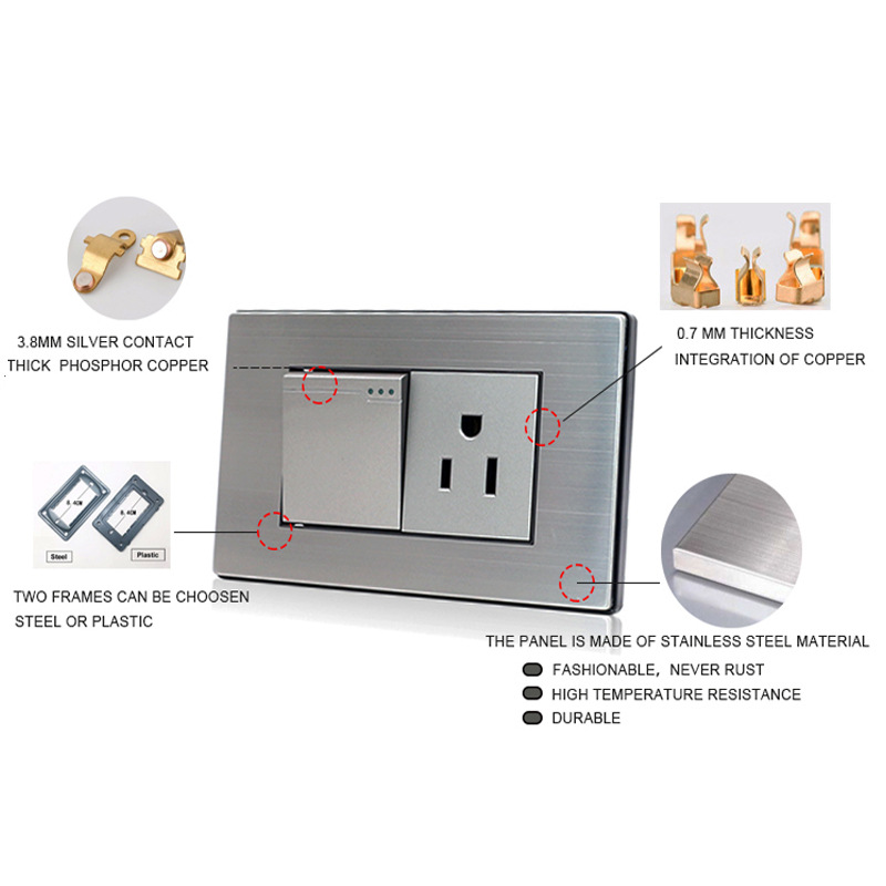 South American plug type 118 US-style wall outlet, Thai round 6-hole 220V 16A stainless steel outlet panel