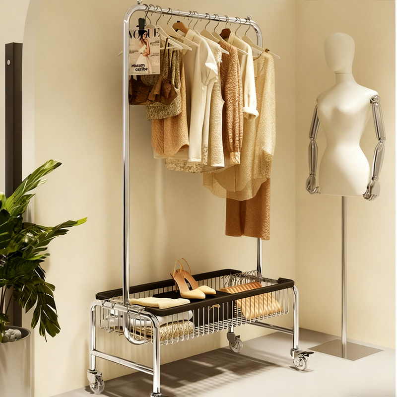 U-Shaped Floor-Standing Clothes Drying Rack Bedroom Household Clothes Hanger Mobile Clothes Drying Rod Balcony Clothes Drying Rack Stainless Steel Display Rack