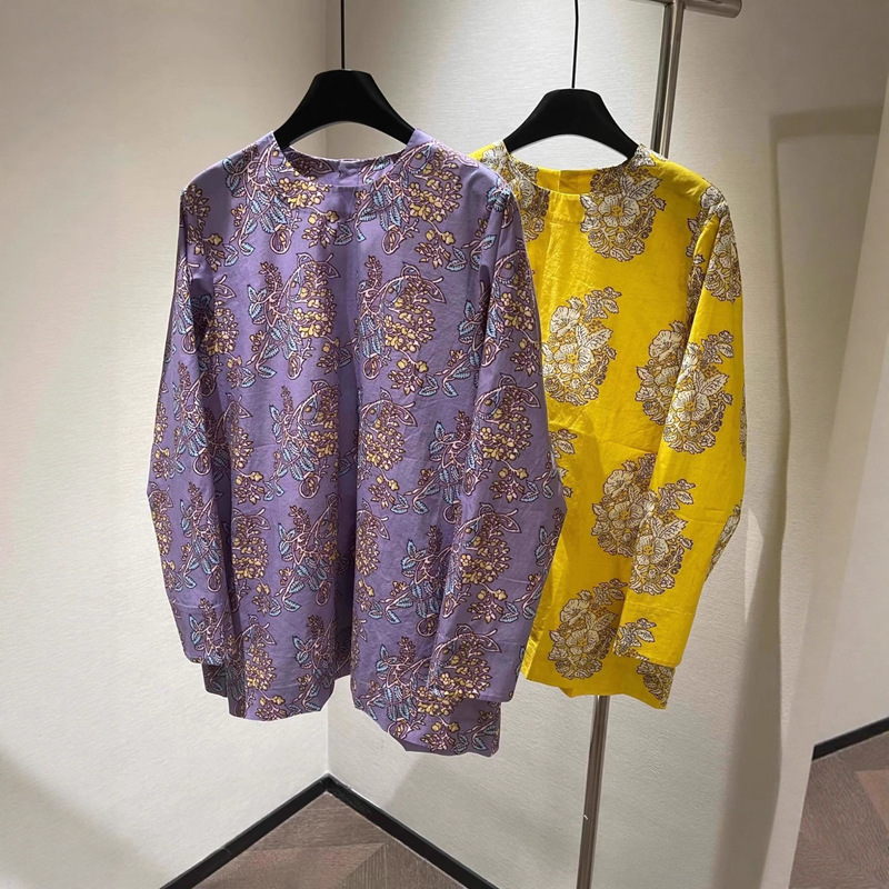 Japanese Niche Designer Retro Literary Plant Print Long-Sleeve Shirt Loose Top for Women