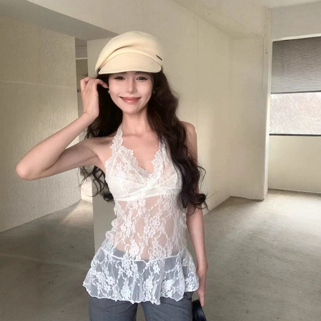 Большой размер толстый мм шейный кружевной жилет женский осенний сладкий прохладный горячий девушка носит кружевной маленький топ внутри и снаружи