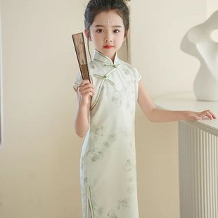 Green Girls' Cheongsam Summer Thin Fresh Chinese Style Dress Little Girl Catwalk Guzheng Performance Clothing Daily