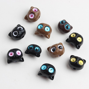 Imitation ebony cute cat black cat head vertical hole big eye cat beaded owl head beaded diy jewelry accessories