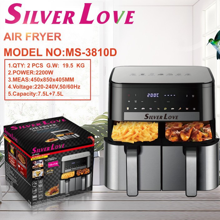 Foreign Trade Export Household 2200W Air Fryer 7.5L+7.5L Large Capacity Smart Touch Visual Electric Fryer
