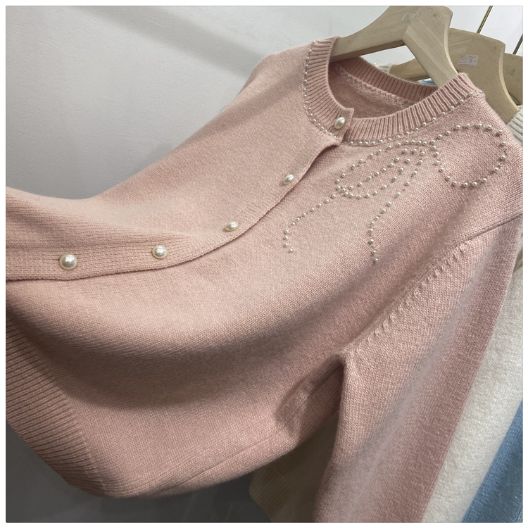 Women's Clothing Chic Embellished Bow Knit Cardigan For Women - Autumn Casual Long Sleeve Open Front Sweater (Blue, Yellow, Gray, Beige, Pink)​_voghion.com