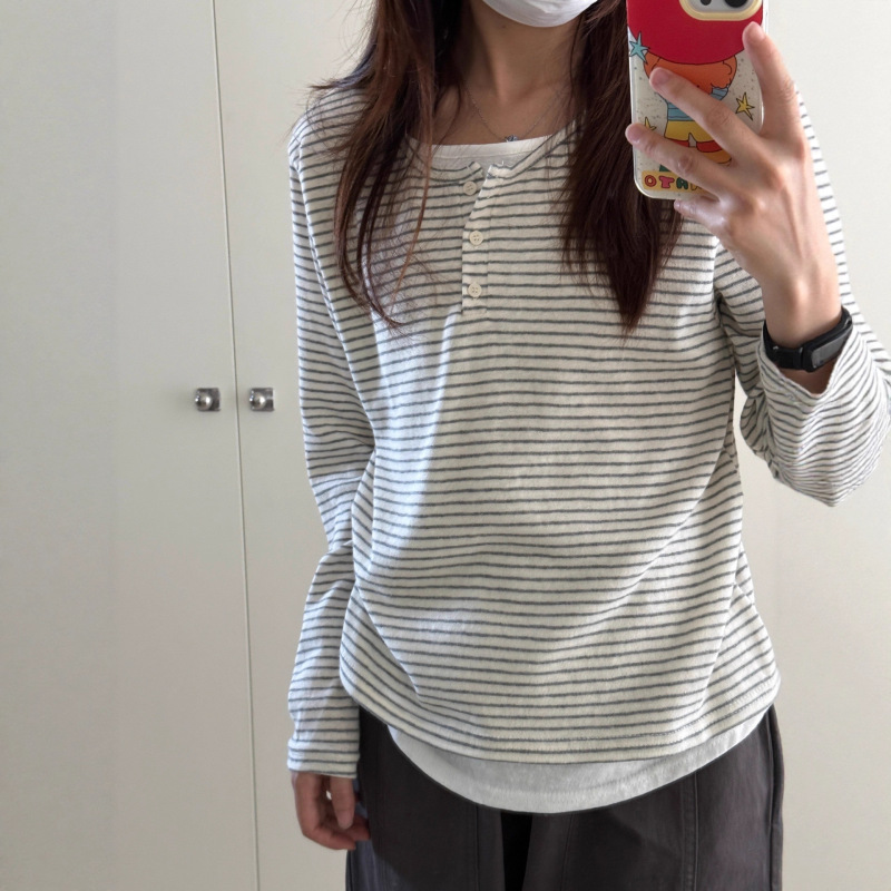 韩系复古正肩亨利领假两件条纹长袖T恤女早秋宽松慵懒小众上衣|undefined