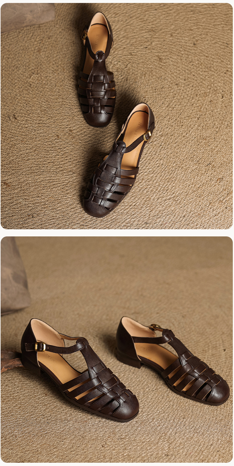 Sandal nữ da bò dệt rỗng quai chữ T phong cách Anh, mũi tròn đế bệt La Mã — màu nâu chi tiết 21