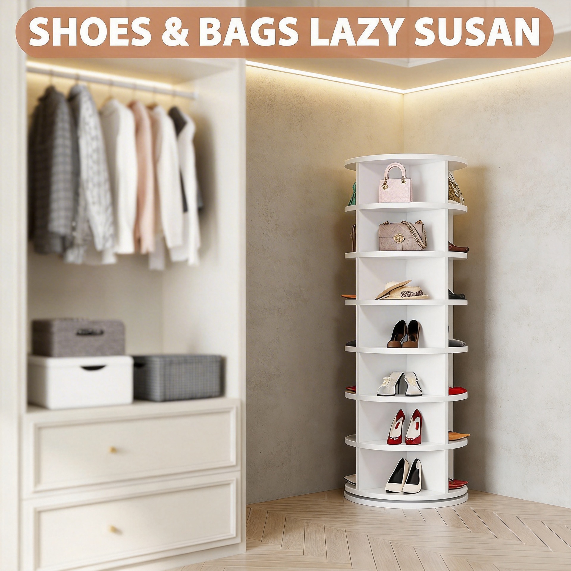 Estante de zapatos giratorio 360 grados 7 capas torre de almacenamiento armario dormitorio sala de estar pasillo bolso zapatos estante de almacenamiento a prueba de polvo