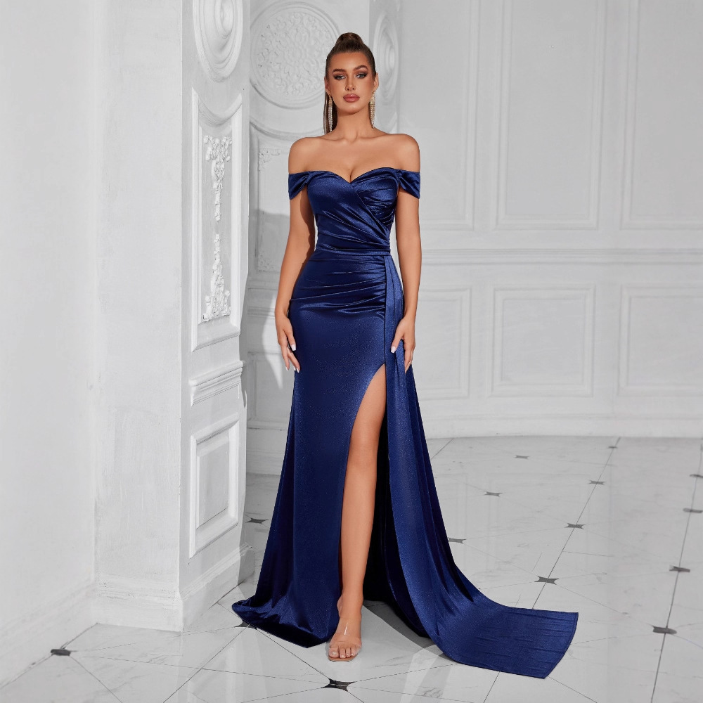 Amazon Off-The-Shoulder Evening Dress European and American Style Prom Party Slim-Fit Side Slit Dress Host Celebration Dress