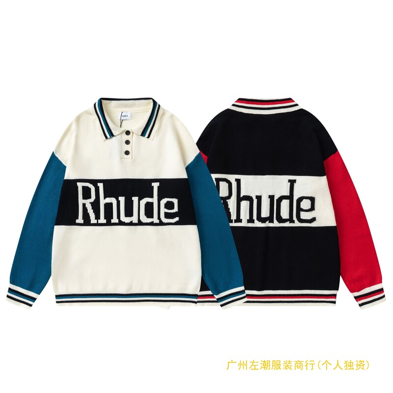 Cross-Border European and American Trendy Brand Rhude Letter Jacquard Patchwork Color-Block Polo Knit Sweater Jacket for Men and Women
