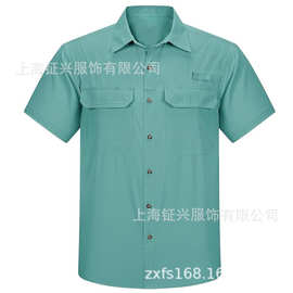 纯棉衬衫夏季薄款工作服印绣LOGO透气车间厂服拉链款翻领衬衣批发