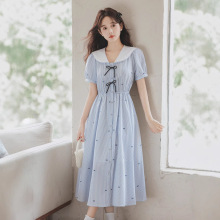 小众设计学院风蝴蝶结装饰海军领连衣裙女夏松紧腰条纹度假打底裙