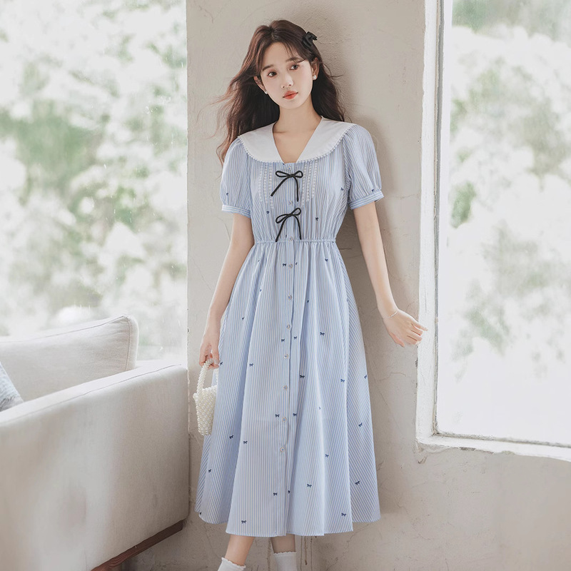 Niche Design College Style Bow Decoration Navy Collar dress Women's Summer Elbow Striped Vacation Base Dress Niche Design College Style Bow Decoration Navy Collar dress Women's Summer Elbow Striped Vacation Base Dress