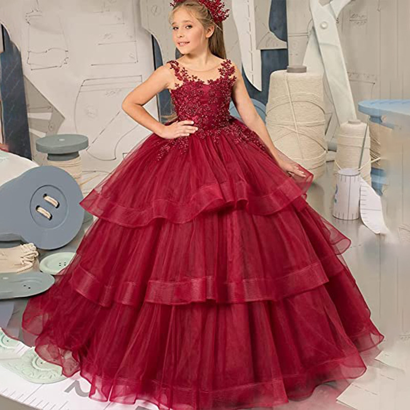 新款跨境欧美儿童婚纱礼服女童无袖蕾丝表演生日蓬蓬公主蛋糕长裙