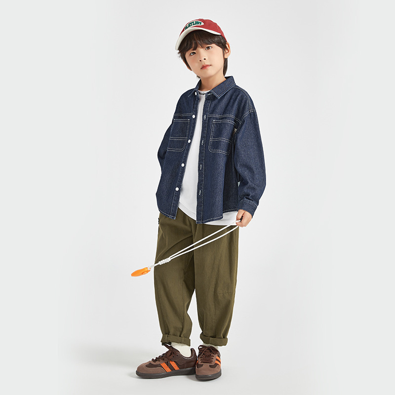 Duojia ボーイズウォッシュデニムシャツ 2025 春と秋の子供のレトロなルーズ薄手のジャケット快適|undefined