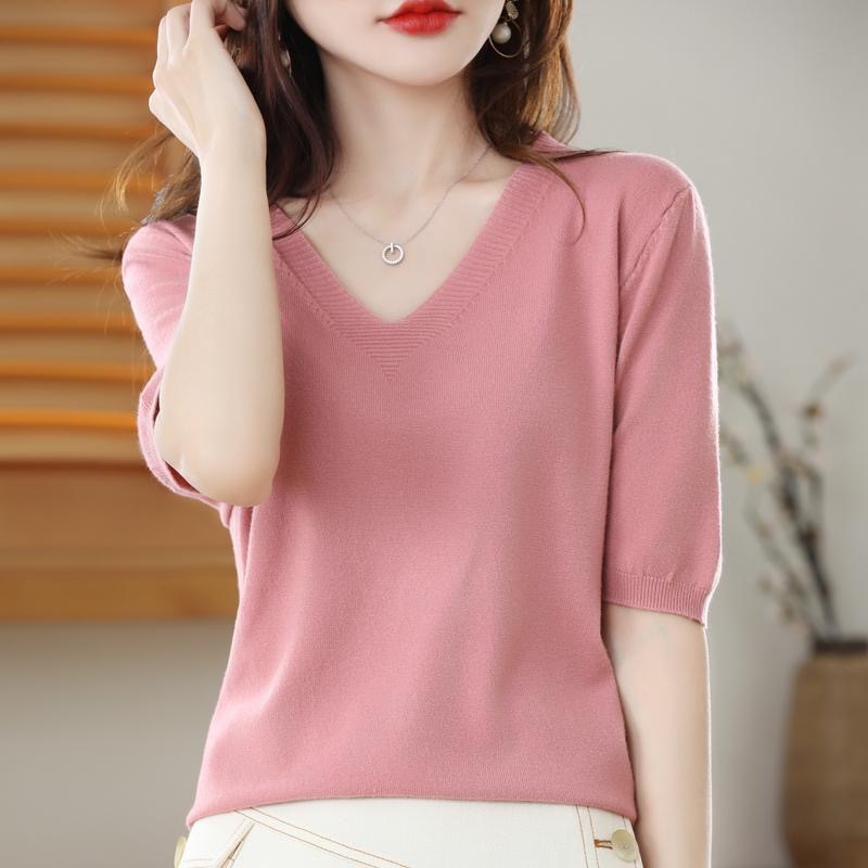 Spring and Autumn V-Neck Pullover Sweater Women's Knitted Short-Sleeved T-Shirt Women's New Quarter-Sleeved Needle Loose Half-Sleeved Easiest for Match Short Top