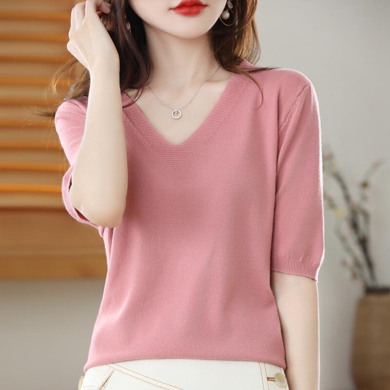 Spring and Autumn V-Neck Pullover Sweater Women's Knitted Short-Sleeved T-Shirt Women's New Quarter-Sleeved Needle Loose Half-Sleeved Easiest for Match Short Top