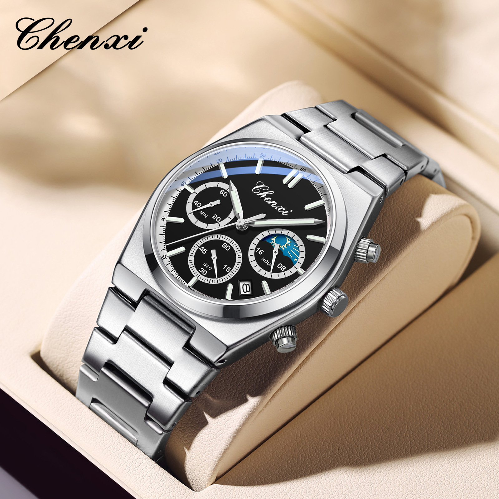 Dawn Watch Men's Multi-function Watch Calendar Moon Phase Chronograph Fashion Steel Belt Luminous Waterproof Watch Source Factory