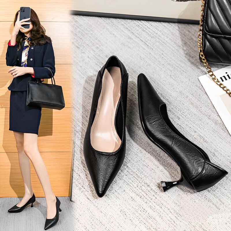 Genuine Leather Flight Occupants High Heels Women's Comfortable Soft Bottom Black Professional Tooling Mid-heel Stiletto Heel Soft Leather Work Shoes Women's Single-layer Shoes