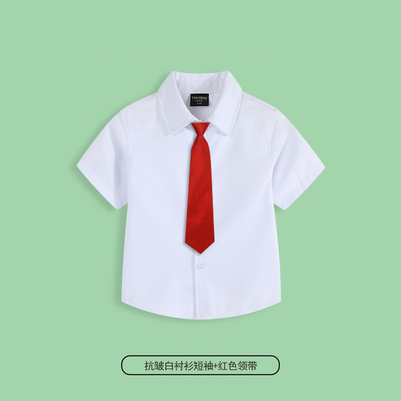 Camisa blanca antiarrugas manga corta + corbata roja / 110cm
