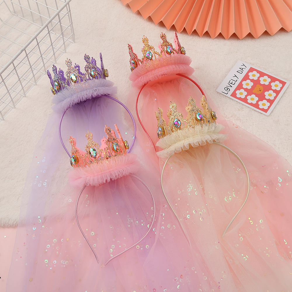 Princess Baby Girl Crown Tiara Birthday Headband Girl Veil Headband Kidsren's Party Girl Birthday Hat Hair Accessories