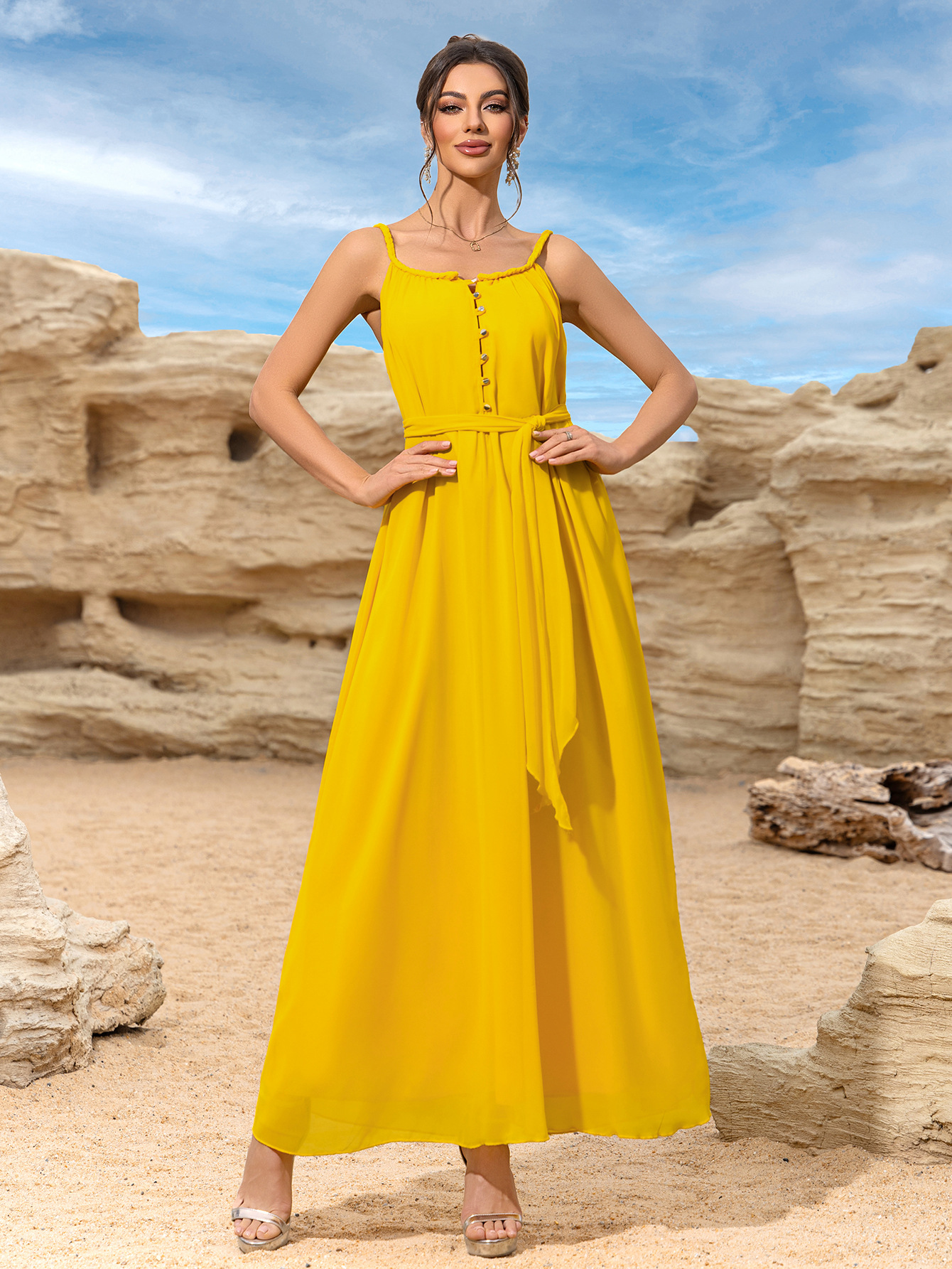 Verano nuevo estilo Bali playa vacaciones amarillo playa falda mujer retro delgado vestido coreano super hada falda larga