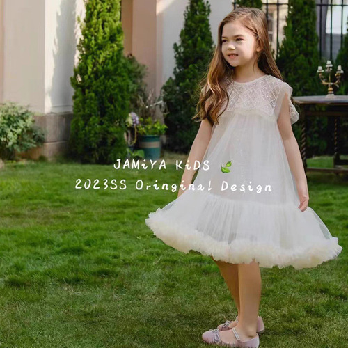Girls' Summer Dress Children French Lace Beaded Pearl Sparkling Large Collar Birthday Tutu Dress Princess Dress