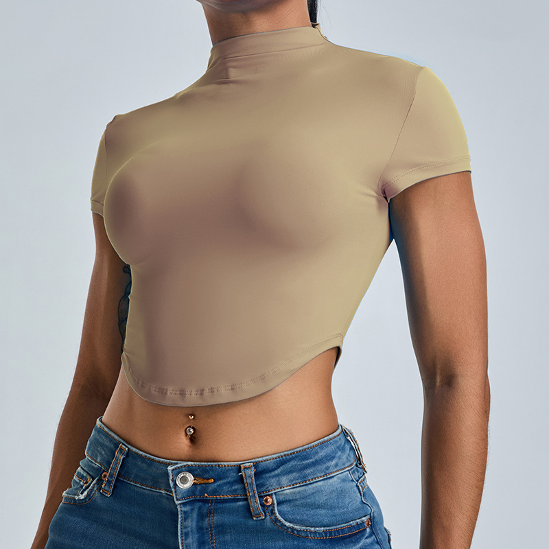 Cross-border nueva ropa de yoga delgada y delgada rápida secado universal de cuello alto chaqueta deportiva running camiseta deportiva mangas cortas