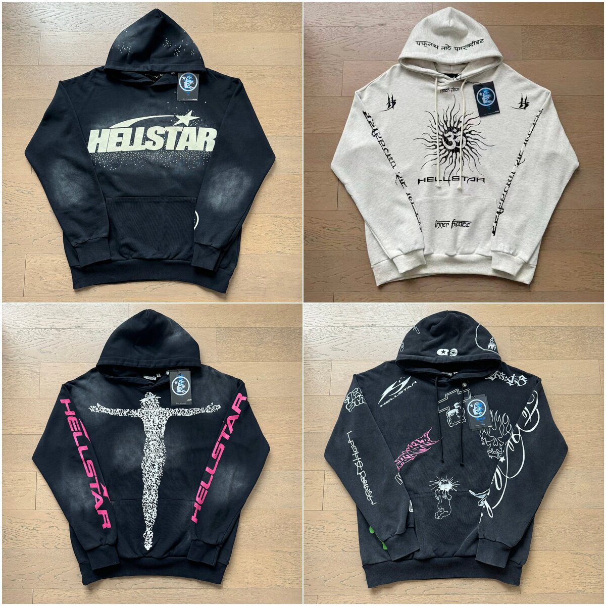 Cross-border American-style, Instagram-inspired, Hell Star retro print, high-street, loose-fitting, casual, trendy, washed-effect hooded sweatshirt
