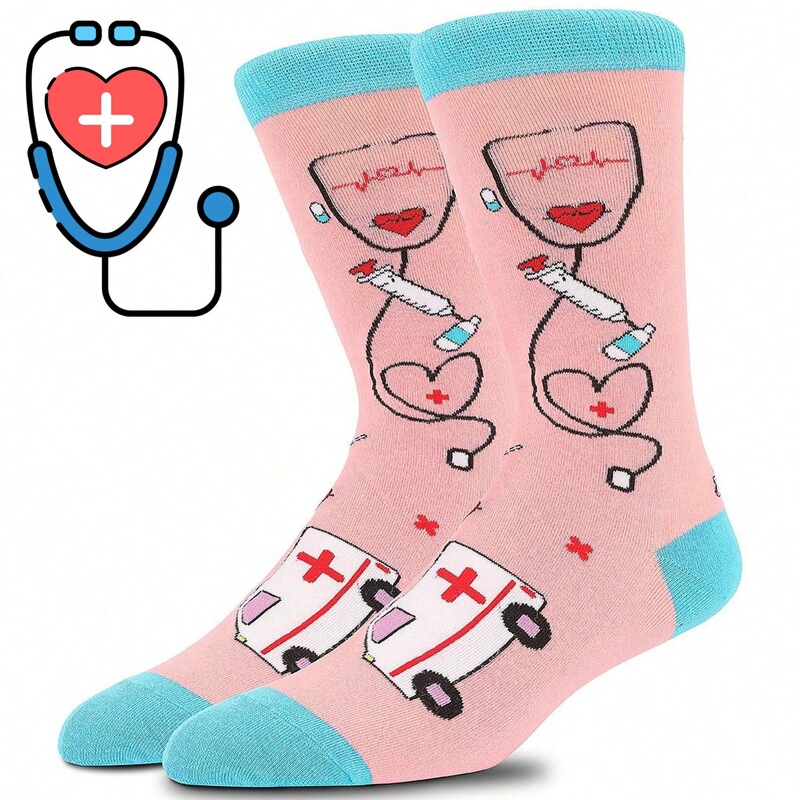Foreign Trade Fashion Women's Socks, Popular Cross-Border Style in Europe and America, International Nurses' Day Jacquard Pink Mid-Calf Cotton Socks