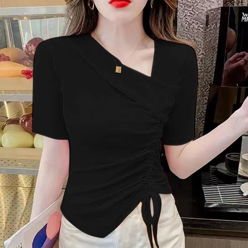 Nuevo diseño irregular con cordón SLIM-Fit Top corto ins Camiseta de manga corta con cuello en V puro y elegante para mujer verano