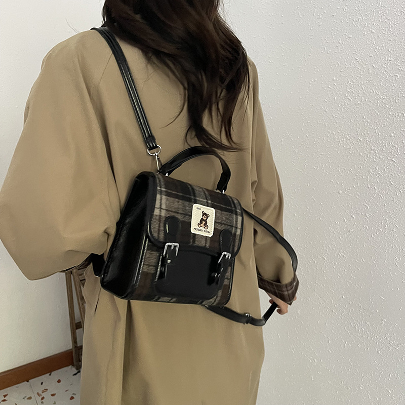毛呢格子手提小包包女2025新款潮时尚学院风双肩包秋冬复古斜挎包|undefined