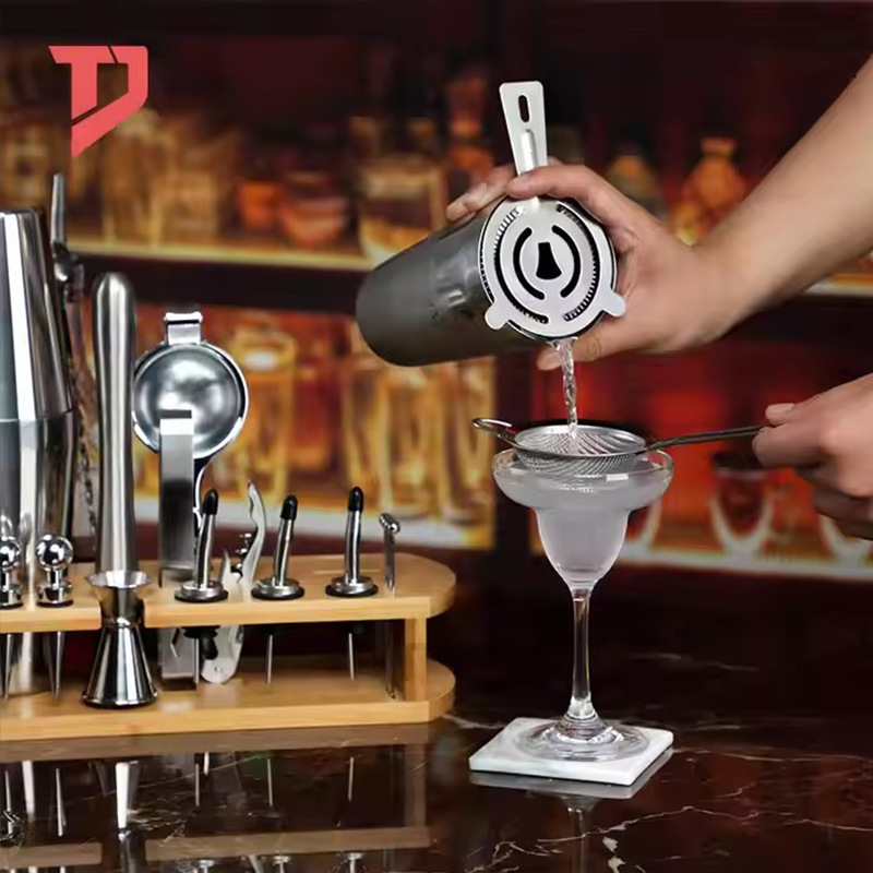 Estante de madera conjunto vino Shaker traje de acero inoxidable Boston Shaker bar herramienta coctelera